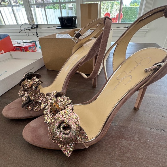 Mauve suede glitter floral heels - Picture 1 of 7